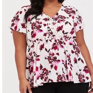 Torrid Georgette Babydoll V Neck Laced Short Sleeve Floral Print Top Womens 1X